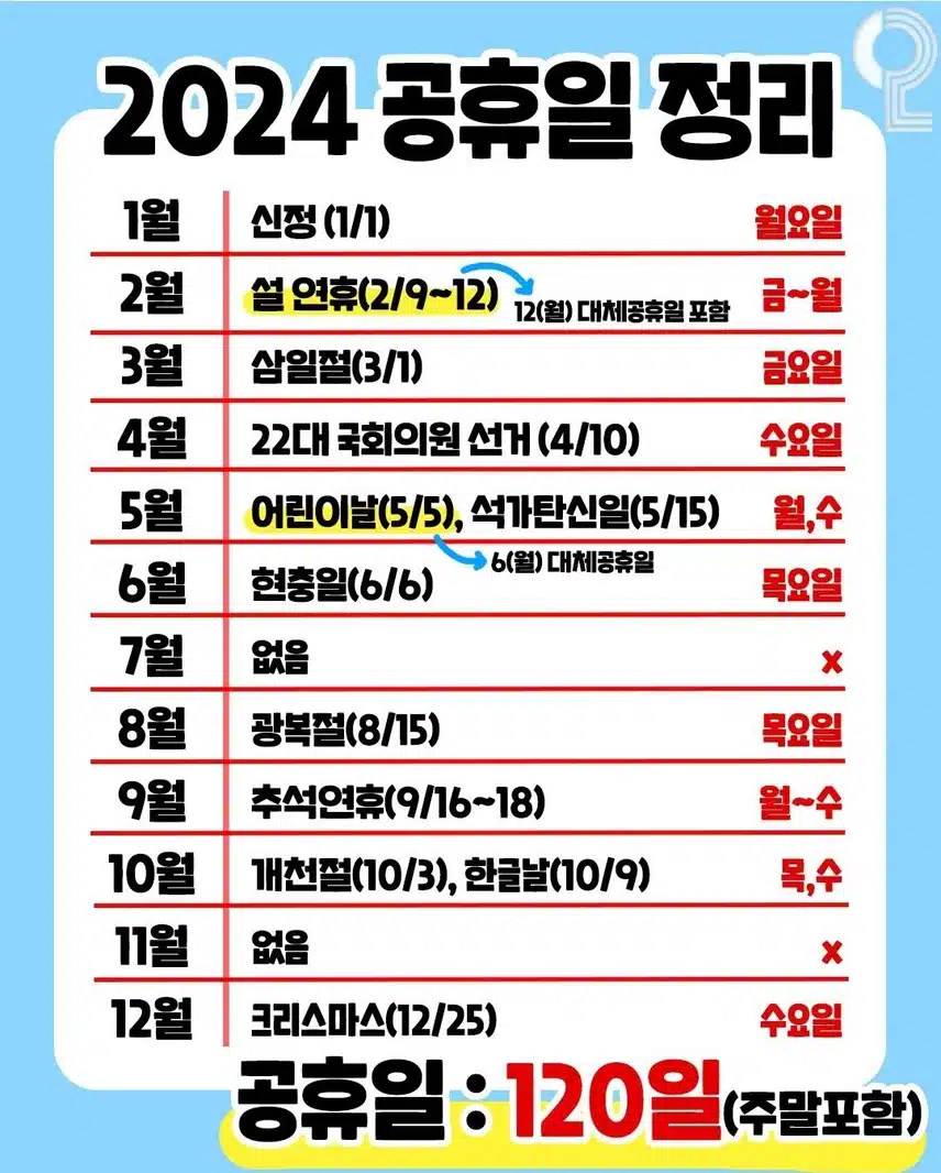 24년 남은 공휴일 확인해보기