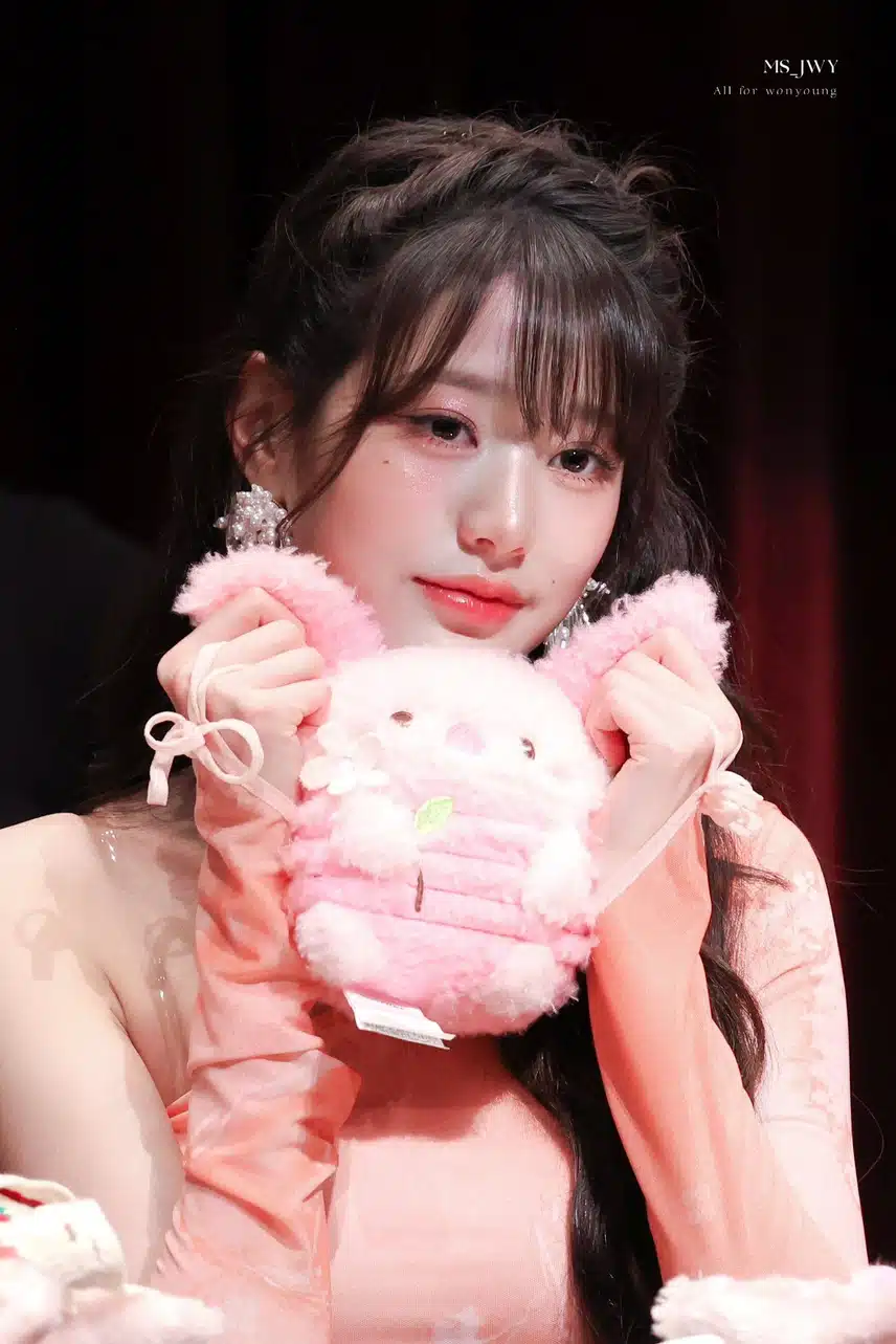 분홍 인형 손에 쥐고 미모 빛나는 장원영