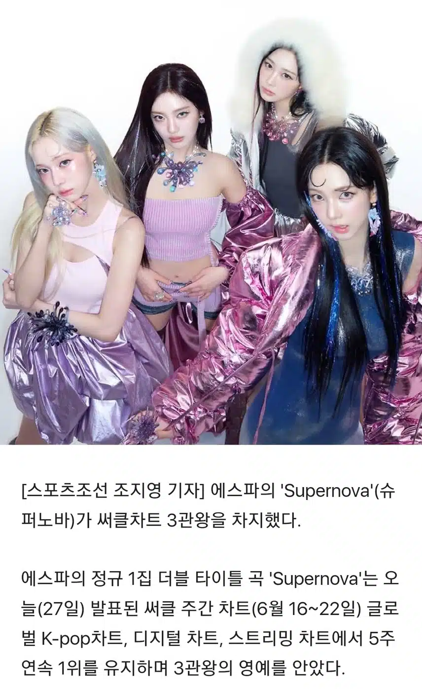 차트 정복한 '쇠일러문' 에스파, '슈퍼노바' 써클차트 5주 연속 1위