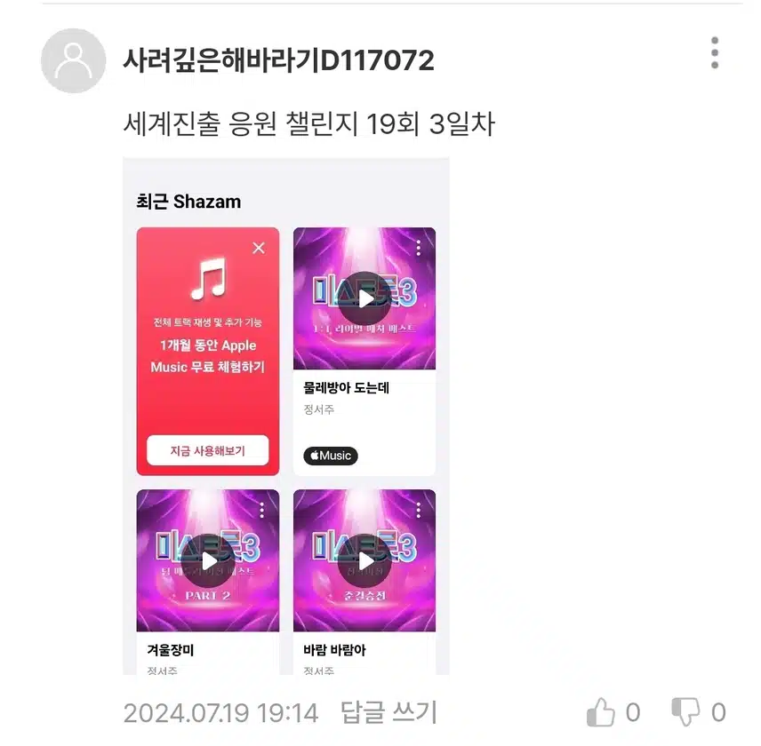 세계진출 응원 챌린지 19회 인증