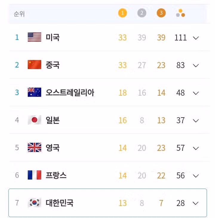 현재 파리올림픽 매달 순위.