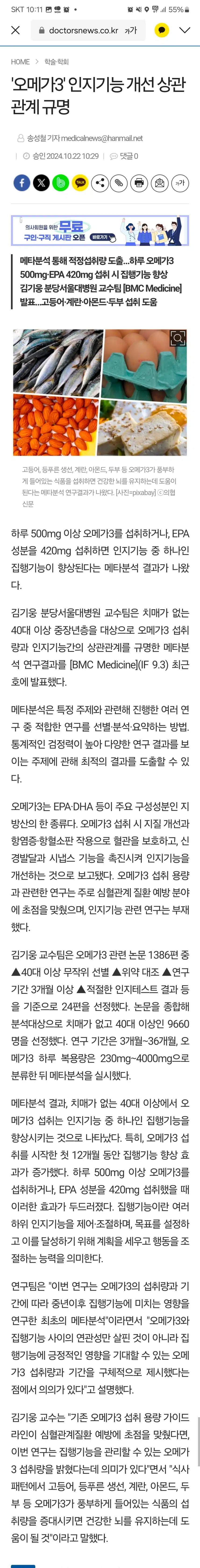 오메가3 인지기능. 개선 상관관계. 규명