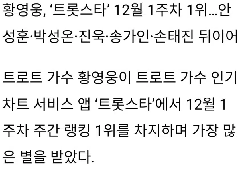 🌷황영웅,트롯스타 12월1주차 1위 !!