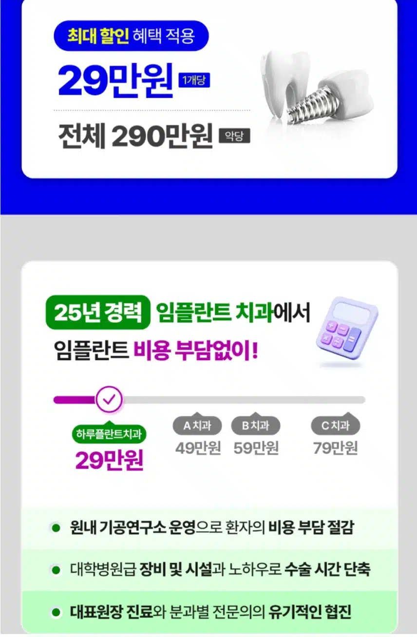 강남 서초구 하루플란트치과 임플란트 개당 29만원/전체 290 후기 추천합니다.