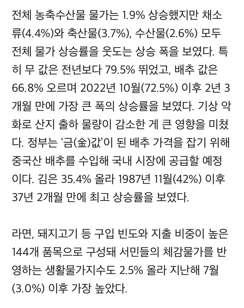 물가 다시 2%대로, ‘S의 공포’ 커져… 무 80%-김 35% 급등