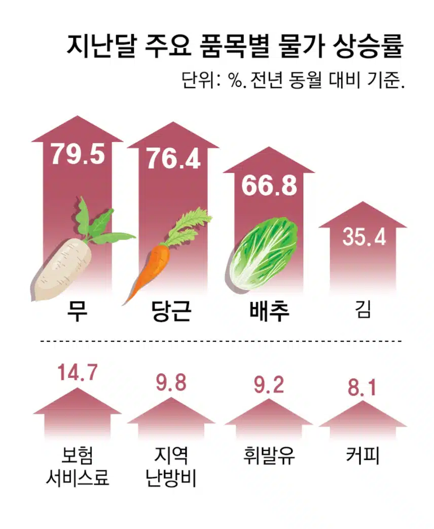 물가 다시 2%대로, ‘S의 공포’ 커져… 무 80%-김 35% 급등