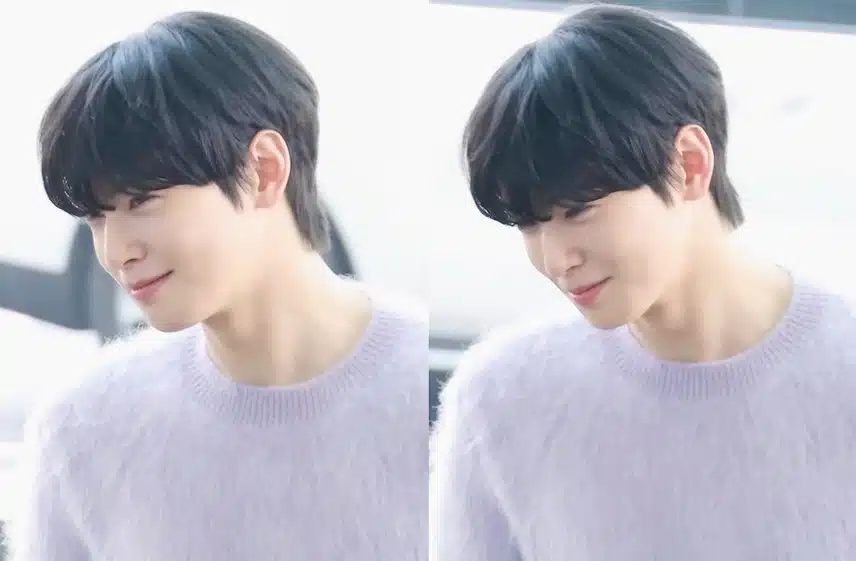 연보라색 니트 입고 넘 예쁘게 웃는 차은우