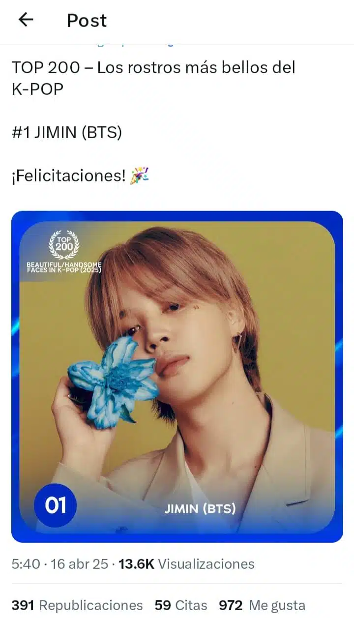Jimin won the Most Beautiful Face of K-Pop 2025 award.