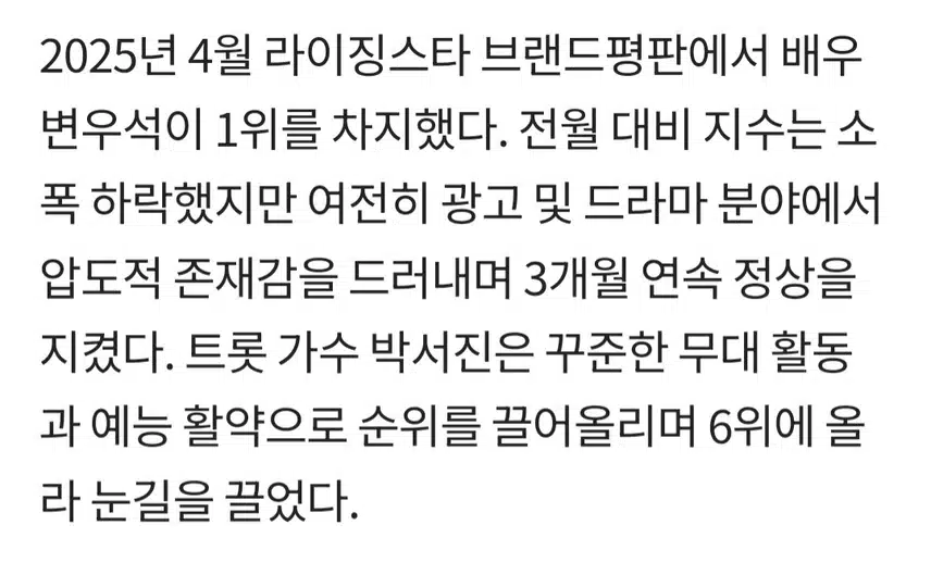 우석님 4월브랜드평판 1위 달성