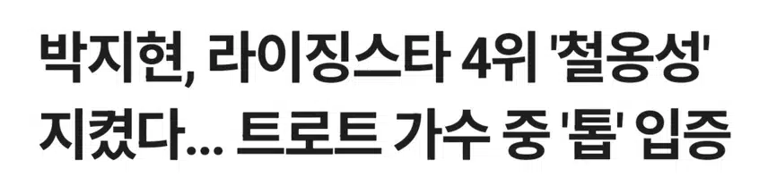 박지현 라이징스타 4위 트롯 가수 중 탑 인증