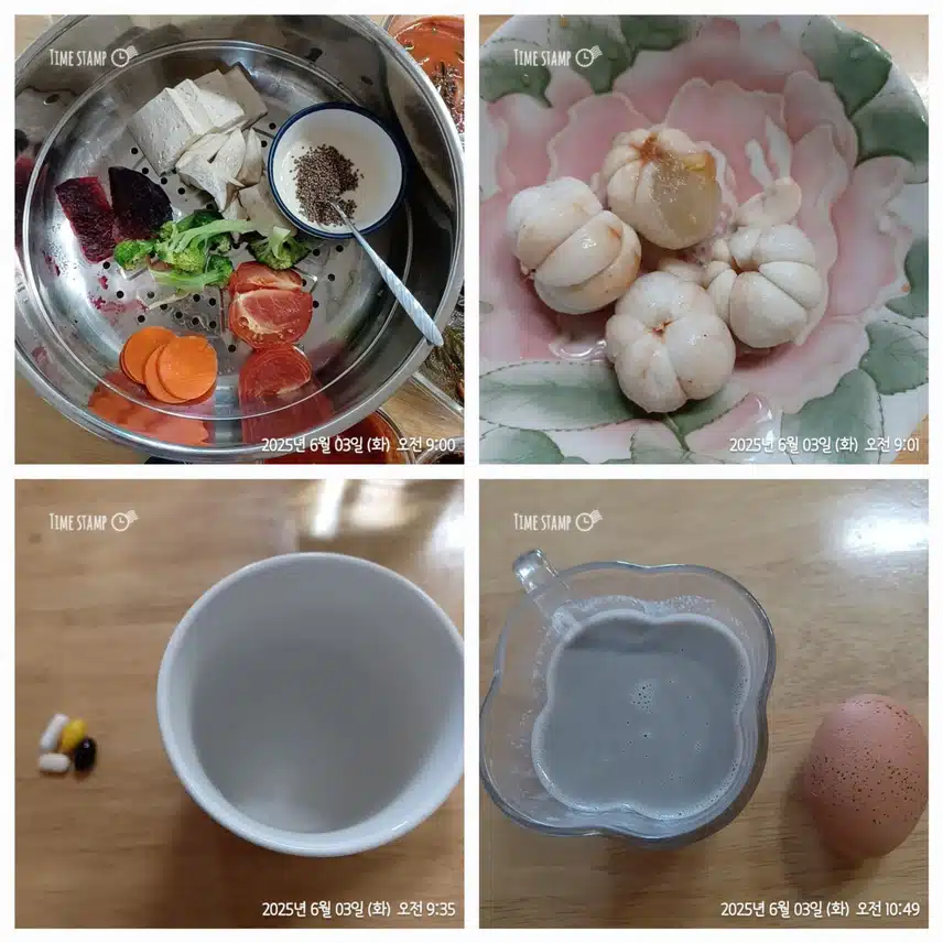 채소찜과 망고틴, 두유 먹었어요~