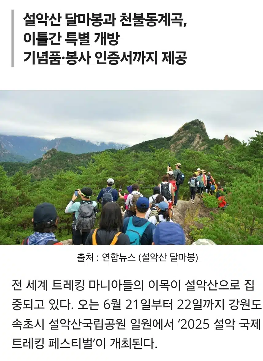 설악산 달마봉과 천불동계곡 이틀간 개방 한다네요