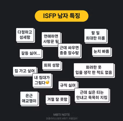 ISFP 남자 특징 모음! (성격, 장단점, 이상형, 연애, 연락 등)
