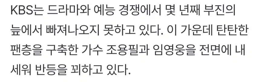 부진의 늪 KBS ~탄탄한 팬층을 구축한 임영웅을 전면에 내세워 반등 꾀한다
