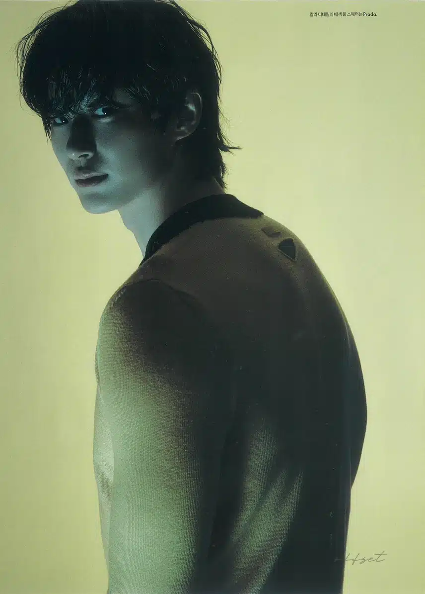 El cuerpo de triángulo invertido perfecto del humano Prada Woo Seok