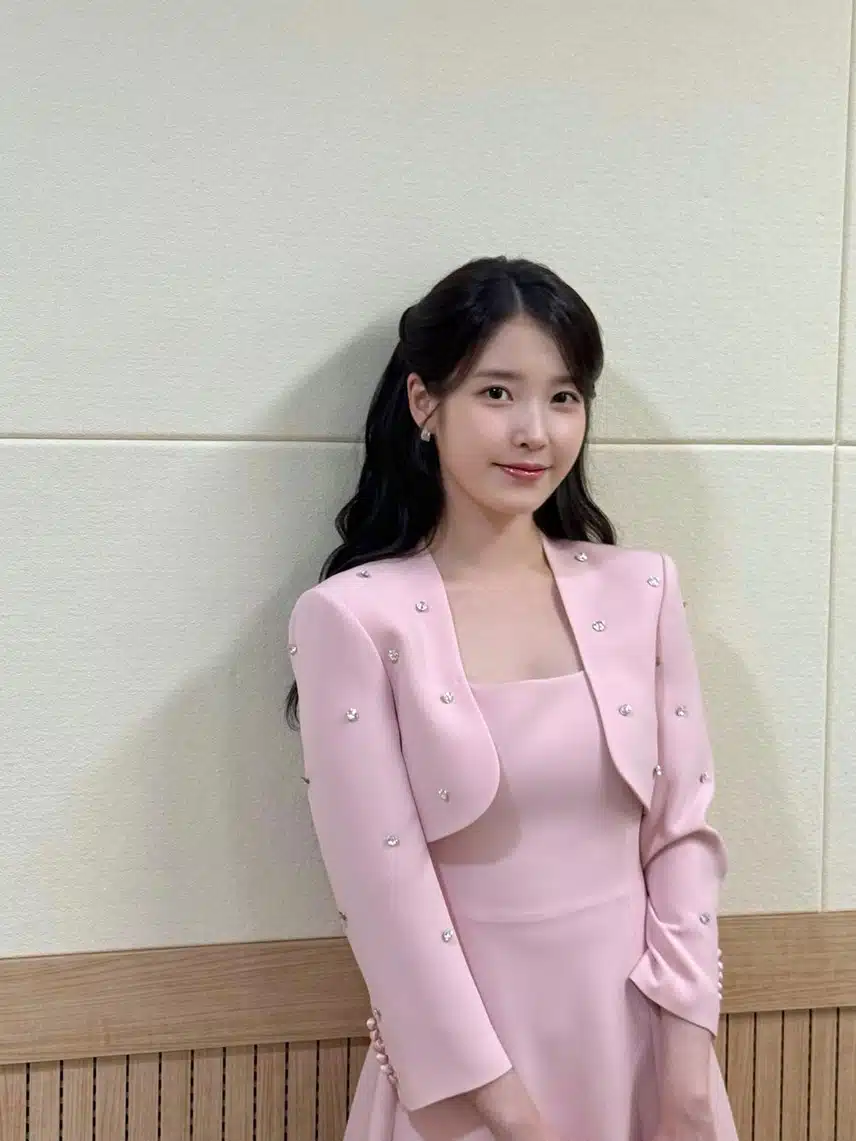 IU sta benissimo con un abito rosa intero