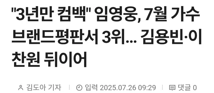 3년만에 컴백 임영웅, 7월 가수 브랜드평판 3위