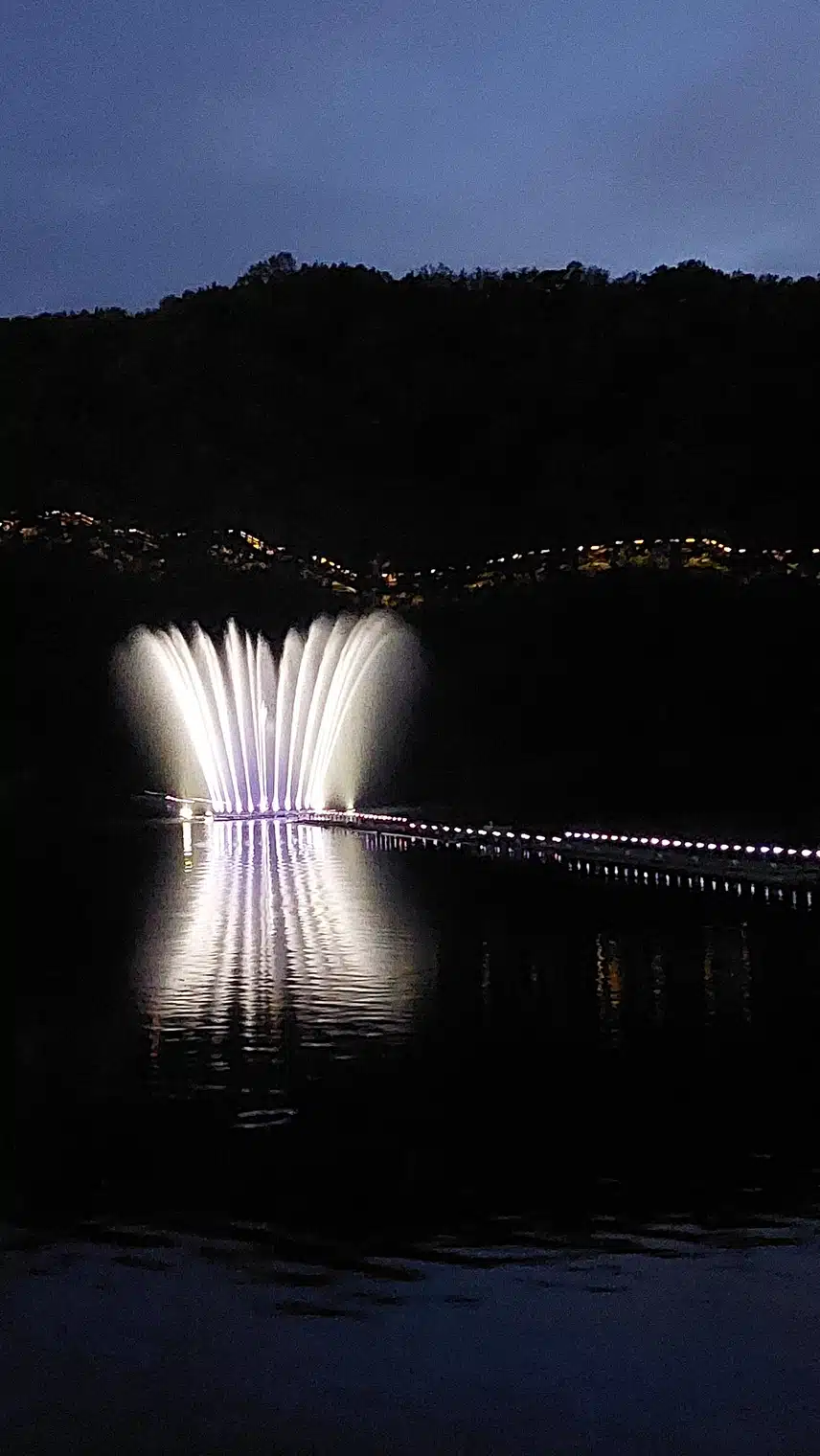 밤 호수위 분수