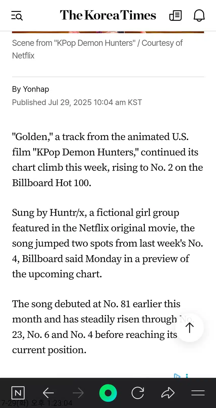 'Golden' from 'KPop Demon Hunters' rises to No. 2 on Billboard Hot 100, tops global charts
