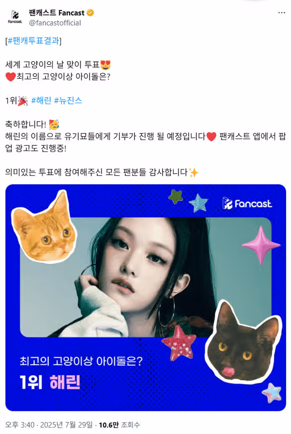 해린이 세계 고양이의날 기념 고양이상 아이돌 1위했어요
