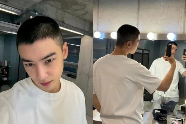 Một bức ảnh Cha Eun-woo trước khi nhập ngũ với đầu cạo trọc.