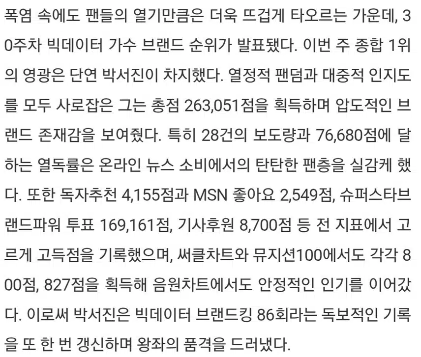☘️박서진, 빅데이터가수브랜드 86회째 1위.임영웅·이찬원 TOP3 수성!