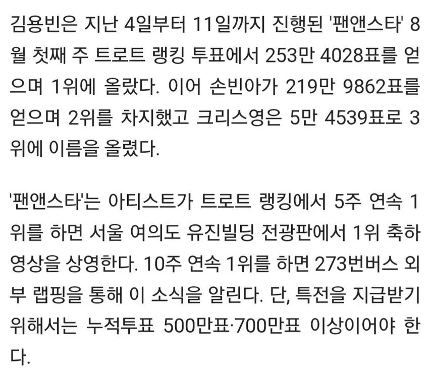 🌺김용빈, '팬앤스타' 트로트 랭킹 10주 연속 1위