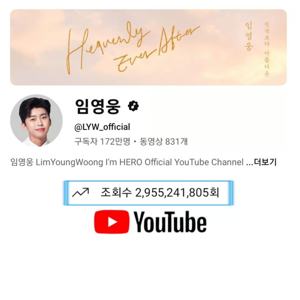 영웅님 유튜브 채널 총조회수 29억 5천만 달성했어요