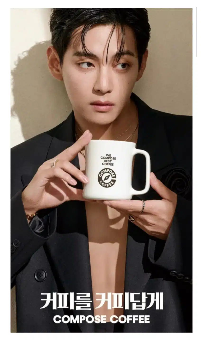 V của BTS đã tiết lộ sản phẩm Compose Coffee mới và những bức ảnh quảng cáo.